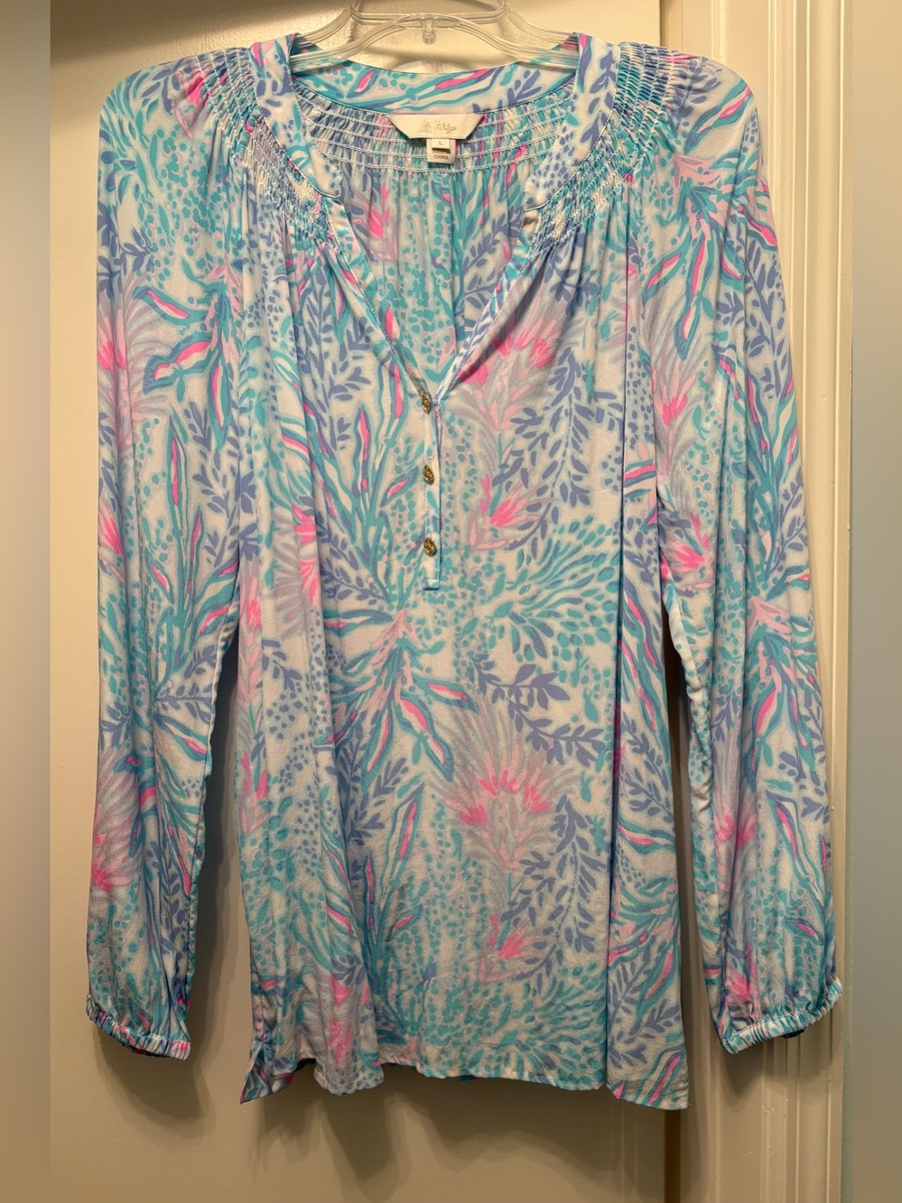 Lilly Pulitzer Light Blue Floral Peasant Tunic with Pink Accents